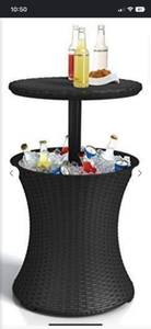 lot 3184 image: KETER Pacific Cool Bar Outdoor Patio Furniture and Hot Tub Side Table with 7.5 Gallon Beer and Wine Cooler, Brown -New