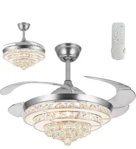 lot 3210 image: esskit 42 Crystal Ceiling Fans with Lights,Modern Invisible Chandelier Ceiling Fan,3 Color and 4-Blade Retractable 6 Speed Reversible Blade fandaliers ceiling fan