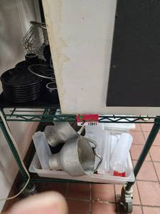 lot 10841 image: Contents of 2 Shelves, Assortment of Utensils, Plates Wire Baskets and More