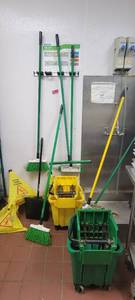 lot 10858 image: Lot of 2 Rubbermaid Mop Buckets, Brooms, Caution Wet Signs, and More