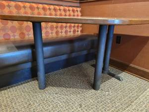 lot 37330 image: Triangular Dark Brown Wooden Table with Metal base