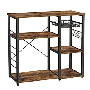 lot 15292 image: VASAGLE ALINRU Kitchen Bakers Rack, Coffee Bar, Microwave Oven Stand, with Steel Frame, Wire Basket, 6 Hooks, 35.4, Rustic Brown