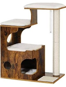 lot 15300 image: FEANDREA 33.9-Inch Cat Tower, Medium Cat Tree with 3 Beds and Cave, Cat Condo Made of MDF with Wood Veneer, Sisal Post and Washable Faux Fur, Vintage, Rustic Brown and White UPCT70HW