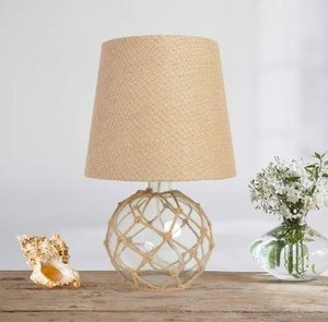 lot 15316 image: Elegant Designs LT1050-CLR Buoy Rope Nautical Netted Coastal Ocean Sea Glass Table Lamp with Burlap Fabric Shade, Clear