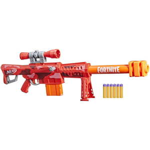 lot 15339 image: NERF Fortnite Heavy SR Blaster Longest Fortnite Blaster Ever Removable Scope Bolt Action 6 Official Mega Darts 6-Dart Clip (1 Count)