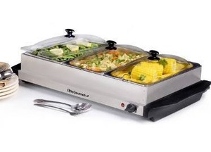 lot 15381 image: Elite Gourmet EWM-6171# 7.5 Quart Triple Buffet Server Food Warmer Temperature Control, Clear Slotted Lids, Perfect for Parties, Entertaining & Holidays, Stainless Steel