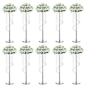 lot 15382 image: Nuptio Wedding Centerpieces Silver Vases 10 Pcs 35.4in Tall Crystal Flower Vase Metal Flowers Stand for Party Tables Decorations - Elegant Bulk Weddings Decoration Table Chandelier Centerpiece stands
