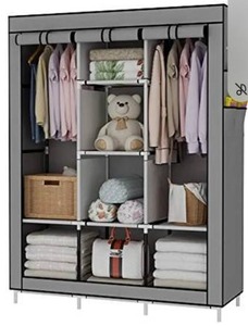 lot 20076 image: UDEAR Portable Wardrobe Closet Clothes Organizer No-Woven Fabric Cover with 6 Storage Shelves, 2 Hanging Sections and 4 Side Pockets Grey