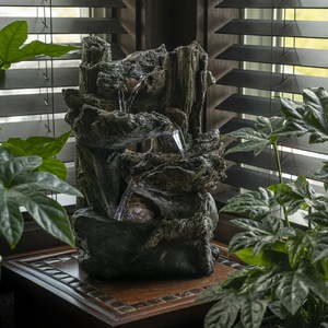 lot 15474 image: Alpine Corporation Tiered Log Tabletop Fountain with LED Lights