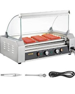 lot 15503 image: VEVOR Hot Dog Roller, 18 Hot Dog Capacity 7 Rollers, 1050W Stainless Steel Cook Warmer Machine w Cover & Dual Temp Control, LED Light & Detachable Drip Tray, Sausage Grill Cooker for Kitchen Cantee
