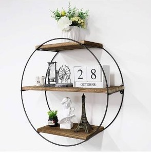 lot 15546 image: Befayoo Floating Shelves for Wall, Rustic Wood Geometric Style Decor Shelf for Bathroom Bedroom Living Room Kitchen Office (Round, Natural)