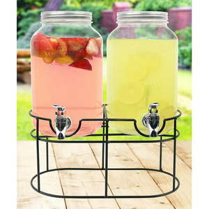 lot 20116 image: Estilo Glass Mason Jar Double Beverage Drink Dispenser On Metal Stand With Leak Free Spigot, 1 Gallon Each