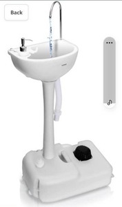 lot 20149 image: SereneLife Portable Camping Sink w Towel Holder & Soap Dispenser - 19L Water Capacity Hand Wash Basin Stand w Rolling Wheels - For Outdoor Events, Gatherings, Worksite & Camping - SLCASN18,White