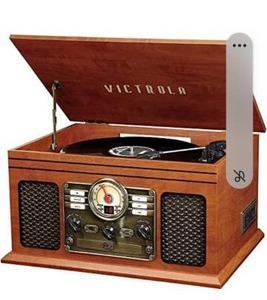 lot 20152 image: Multimedia Center with Built-in Speakers - 3-Speed Turntable, CD & Cassette Player, FM Radio  Wireless Music Streaming  Mahogany