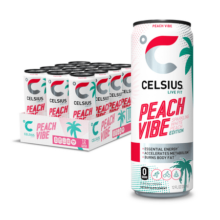 lot 34712 image: 24 Count, CELSIUS Essential Energy Drink 12 Fl Oz Sparkling Peach Vibe (2 Packs 12)