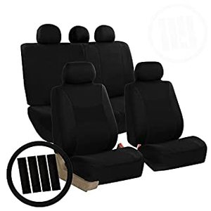 lot 15531 image: FH Group Light & Breezy Auto Accessories Full Set Seat Covers with Steering Wheel Cover and Seat Belt Pads Airbag Compatible and Split Bench Function Black