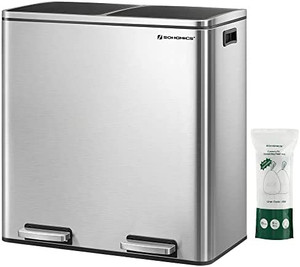 lot 25690 image: Trash Can, 2 x 8-Gallon Garbage Can for Kitchen, with 15 Trash Bags, 2 Compartments, Plastic Inner Buckets and Hinged Lids, Airtight, Silver and Black ULTB60NL