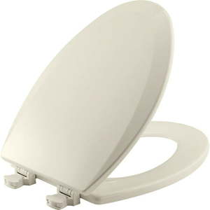 lot 25727 image: Bemis Elongated Enameled Wood Toilet Seat in Biscuit with Easy�Clean Hinge