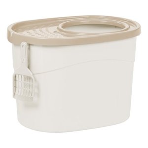 lot 35634 image: IRIS USA Top Entry Cat Litter Box, Rounded Kitty Litter Pan with Scoop, White & Beige, Large