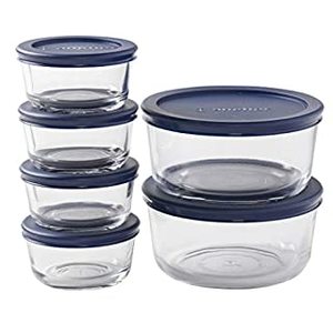 lot 35675 image: Anchor Hocking Round Glass Food Storage Containers with Blue SnugFit Lids, (12-piece, mixed sizes, BPA and lead free, glass tempered tough for oven, microwave, fridge, and freezer) (B08N5GPNXR)