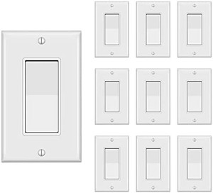 lot 35681 image: TAKETEK Decorator Switch with Wall Plate, Single Pole Rocker Light Switch, Grounding Screw, Residential Grade, 15A 120V277V, UL Listed, YX-S001-10PACK, White (10 Pack)