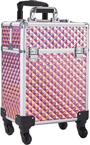 lot 35694 image: Rolling Makeup Train Case Professional Aluminum Cosmetic Case Large Storage Makeup Trolley with 4 Detachable Removable Wheels, 4 Trays and 1 Cubby with Sliding Rail - Holographic Pink