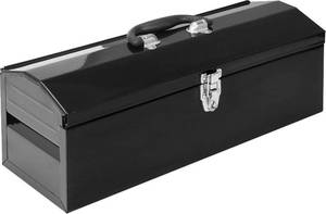 lot 35663 image: Hip Roof Style Portable Steel Tool Box with Metal Latch Closure and Removable Storage Tray, Black
