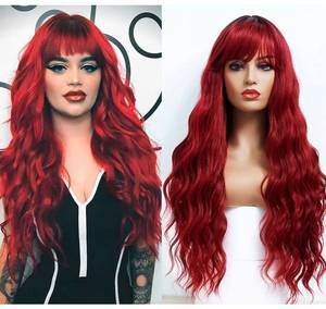 lot 40014 image: ANDRIA Ombre Red Wigs Natural Wave Wig with Bangs Burgundy Wine Red Wig Dark Roots Red Colorful Wigs Long Wavy Loose Curly Wig Heat Resistant Synthetic Pastel Wig Cosplay Party Wigs for Black Women 24 Inches