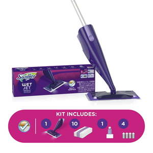 lot 56545 image: Swiffer WetJet Hardwood and Floor Spray Mop Cleaner Starter Kit, Includes 1 Power Mop, 10 Pads, Cleaning Solution, Batteries (B07YQDD94M)