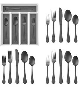 lot 56572 image: 20-Piece Black Silverware Set with Tray, E-far Stainless Steel Flatware Cutlery Set Service for 4, Eating Utensils Tableware with Plastic Organizer for Home Kitchen, Matte Finished & Dishwasher safe