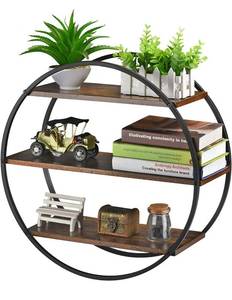 lot 56576 image: BCOZLUX Floating Shelves, 3 Tier Decorative Geometric Circle Metal and Wood Wall Shelves, Bathroom Shelf Round Wall Decor, Rustic Brown