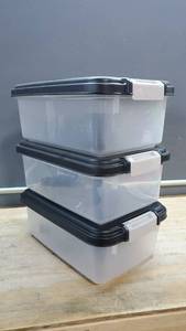 lot 56633 image: Lot of 3 Pet Food TreatFood Storage Totes With Wheels And Scoops In Each 15x10x6   Bonus Wheels(for whatever)
