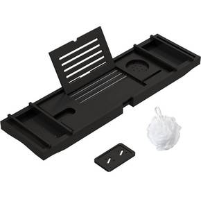lot 56692 image: Bamboo Bathtub Tray Bath Tub Caddy with Expandable Handles Wine Glass Phone Holder Book Stand for Bathroom Luxury Spa Wooden Bath Table Board for Reading Laptop Over The Clawfoot tub Black
