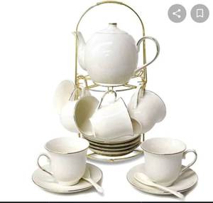 lot 56697 image: DaGiBayCn 20 Piece European Ceramic Tea Sets, Bone China Coffee Set with Metal Holder, White Tea Set,600MLPot,160ML Cup.
