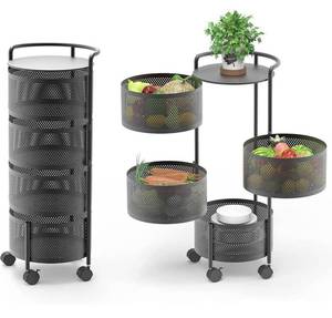 lot 61605 image: Rotating Kitchen Storage Rack No Assembly, 4-Tier Metal Storage Tower Basket Shelves Organizer on Rolling Wheels with Removal Drawers for Fruit Vegetable Grocery Corns Potato Onion (4-Tier, Black)