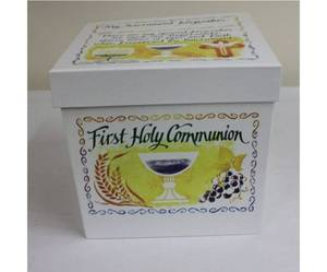 lot 68676 image: Sacrament Keepsake Box holds momentoes from Baptism day, First Communion and Confirmation day. Size 10 x 10 x 9.