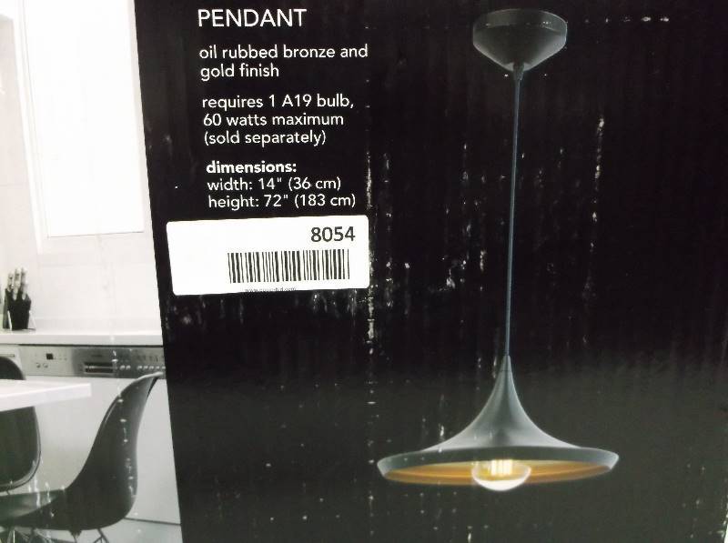 lot 8054 image: Globe Electric 1-Light Pendant Vintage Oil Rubbed Bronze and Gold Finish.
