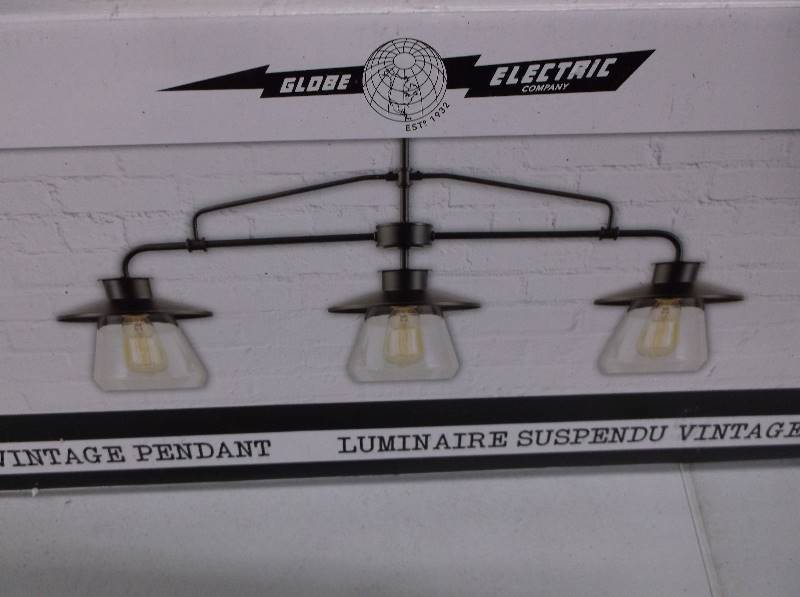 lot 8077 image: Globe Electric 3-Light Pendant - Oil Rubbed Bronze Finish