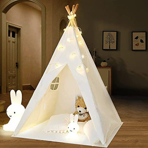 lot 11 image: IREENUO Teepee Tent for Kids, Kids Teepee Play Tent with Twinkle Star Lights & Carry Case, Foldable Canvas Teepee Tent for Girls, Boys & Adults