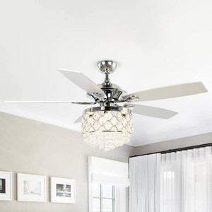 lot 75 image: Chrome 4-Light Chandelier Crystal 5-Blade Ceiling Fan with Remote- Retail$176.49