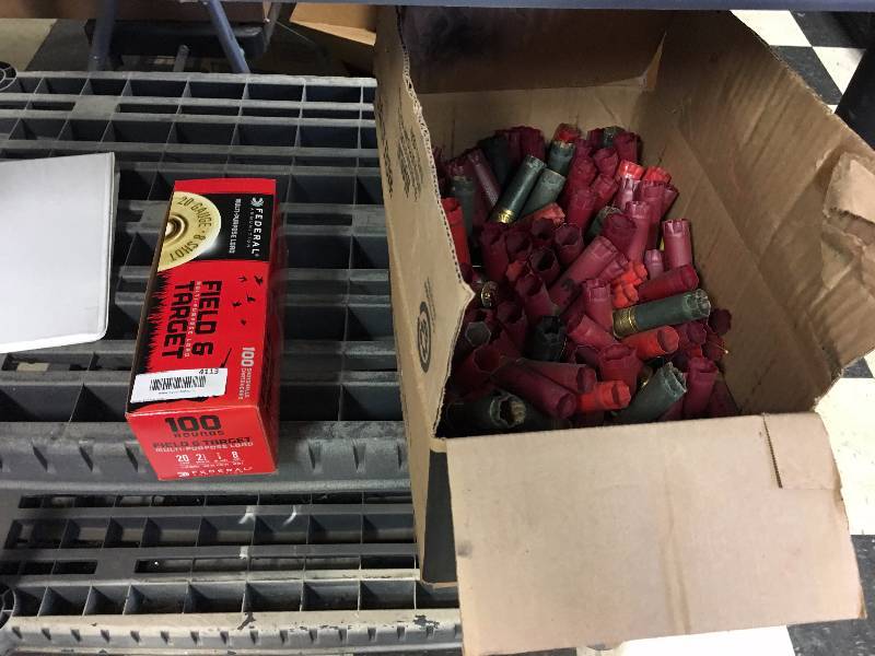 lot 4113 image: 100 rounds of 20 Gauge ammo new in box and once shot 12 gauge shells