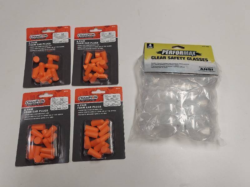 lot 6376 image: (4) Champion Foam Hearing Protection Earplugs, Orange - 6 Pairs and 4 Pack Clear Safety Glasses
