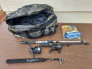 lot 5716 image: Bag and Contents - Shimano Reel and Telescoping Fishing Rods
