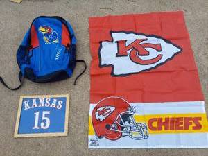 lot 5773 image: KC Chiefs flag, KU backpack