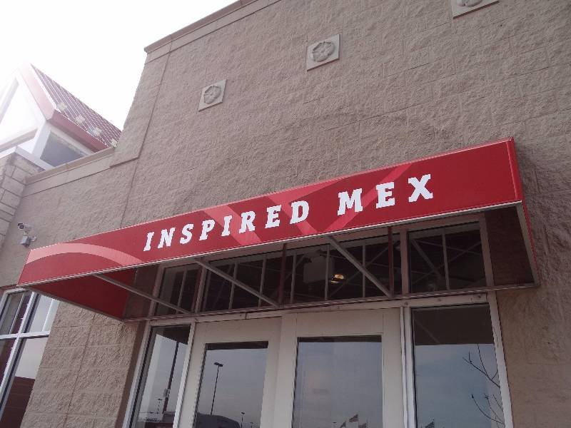 lot 2676 image: 116 Red Over Door Aluminum Framed Awning