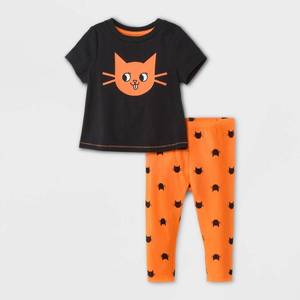 lot 350 image: Baby Girls 2pc Cat Halloween Jersey Top & Bottom Set - Cat & Jack Black 3-6M