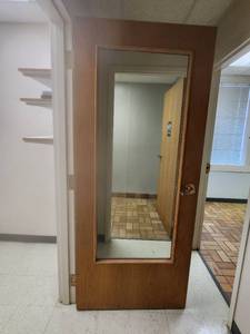 lot 37414 image: Wood Door With Glass Inlay and Gold Handel