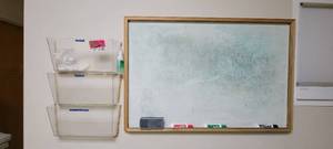 lot 37480 image: 3ft Whiteboard, Wall-Mount Plastic Organizers. and a Wall-Mount Clock