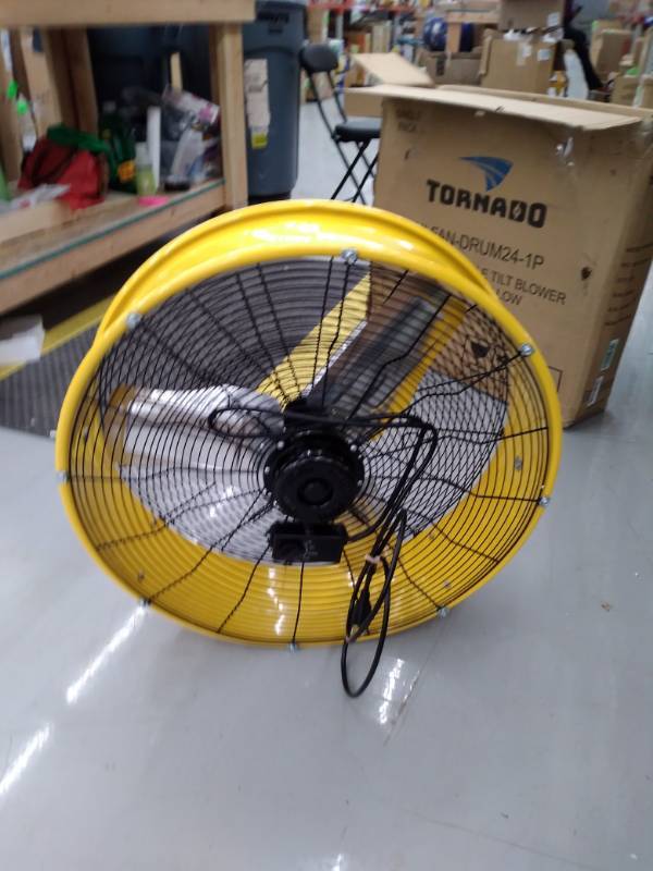Tornado - 24 Inch High Velocity Heavy Duty Tilt Metal Drum Fan Yellow  Commercial, Industrial Use 3 Speed 8540 CFM 1/3 HP 8 FT Cord UL Safety  Listed