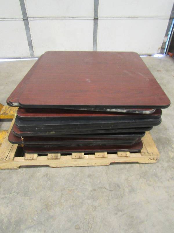 lot 778 image: Lot of (16) 36x36 Dark Cherry Wood Finished Laminate Top Table Tops With Black Trimming